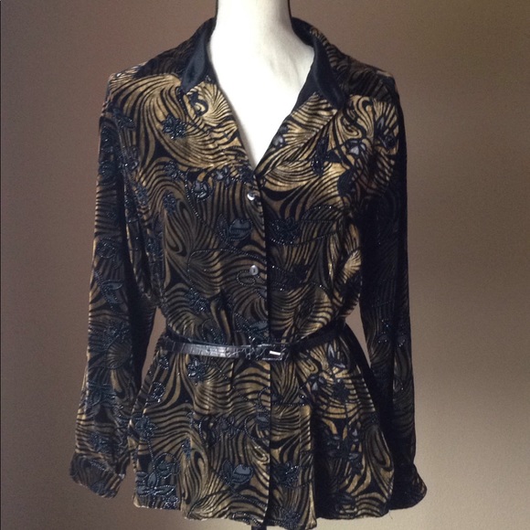 NWOT Vintage velvet burn out sparkle silk blend button front long sleeve top S - Picture 2 of 5